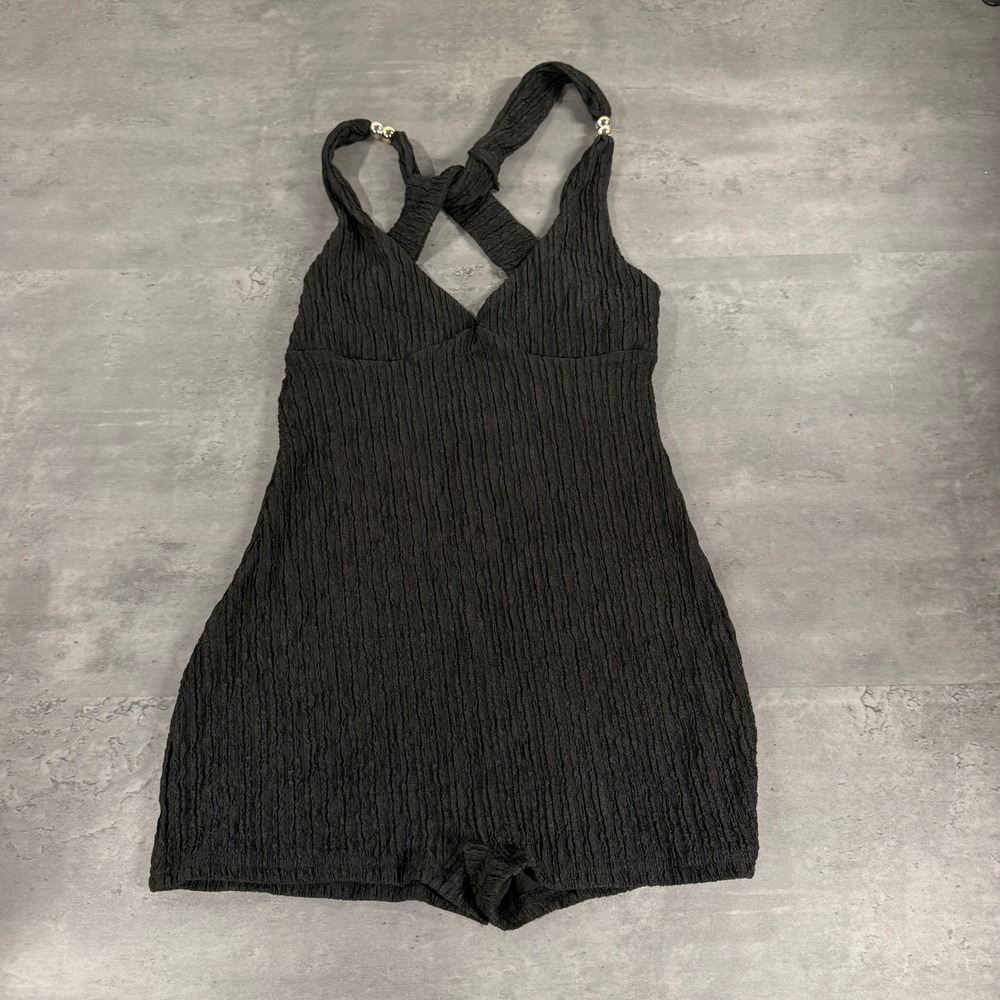 SHEIN Romper Women Medium Black Crinkle Texture Gold Bead Halter NWOT